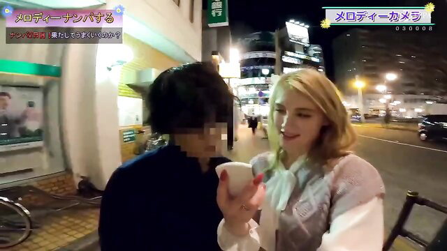 Melody Marks blonde teen with Japanese guy at night street Japan