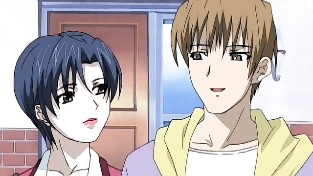Anime hentai couple: blue-haired trap and brown-haired guy at door, Taboo Charming Mother Ep 6