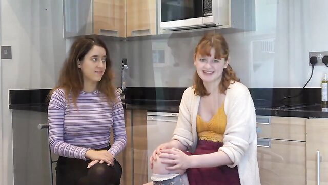 Two busty students in lingerie celebrate erotic reunion in kitchen