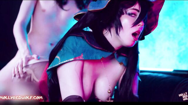 MollyRedWolf as Mona in Genshin cosplay threesome with big tits exposed