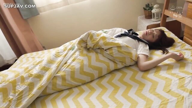 Asian JAV teen in school uniform sleeping on bed, wet pussy tease