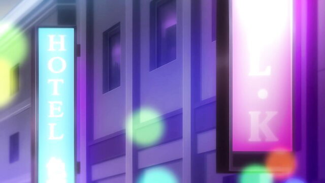 Glowing neon Love Hotel sign at night, anime JAV style exterior