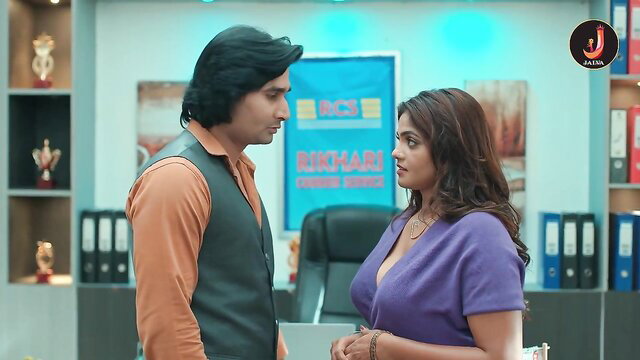 Indian couple in office foreplay, busty wife in purple dress