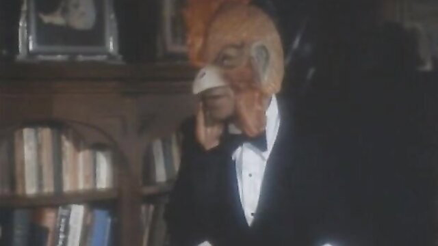 Vintage 1981 eagle mask man in tuxedo poses mysteriously in A Girl's Best Friend