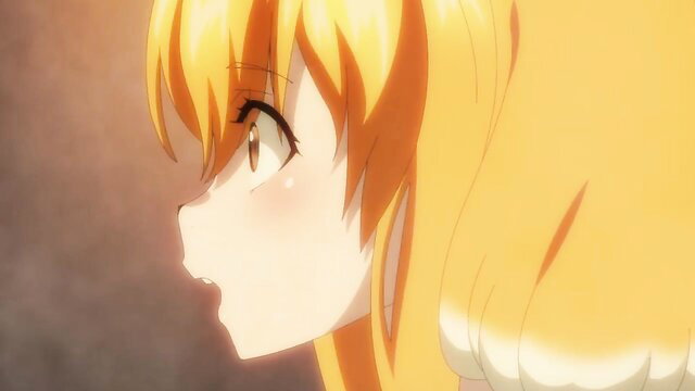 Blushing anime blonde girl with teary eyes from Harem In The Labyrinth Of Another World S1E2