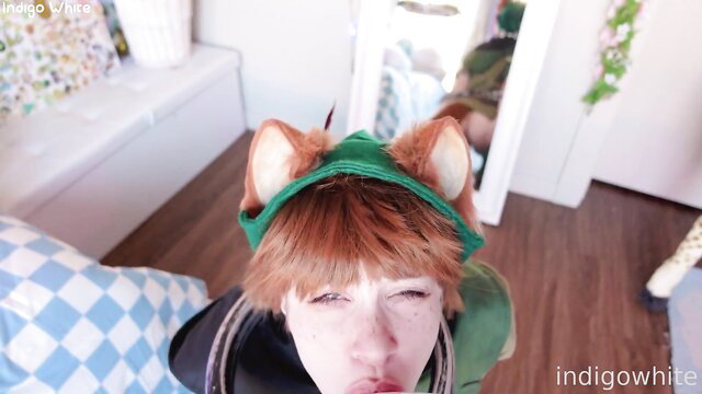 Indigo White as sexy fox Robin Hood ahegao tongue out cosplay