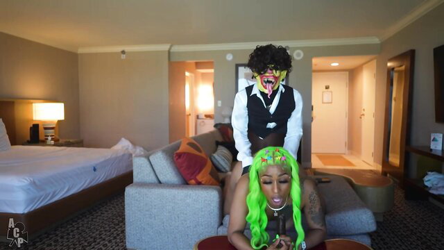 Hot green-haired ebony babe in lingerie gets destroyed by freaky clown