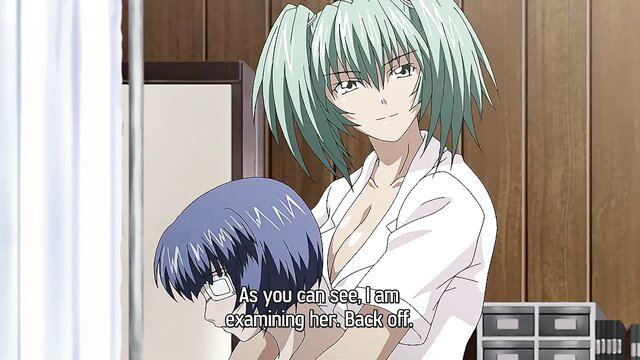 Ikki Tousen hentai: teal-haired girl examines blue-haired girl's back, open lab coat