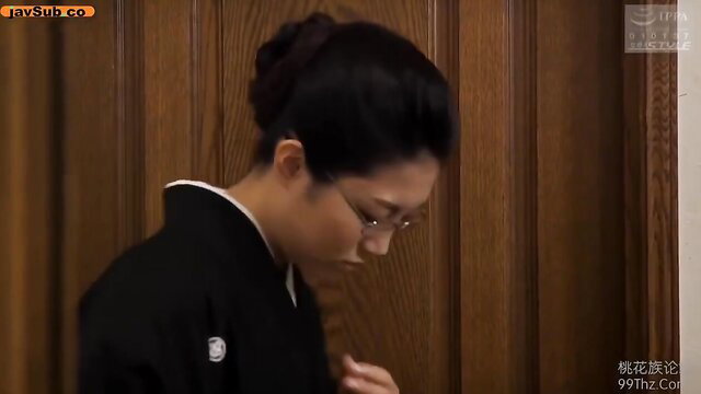 Nene Sakura in elegant black kimono and glasses, JAV softcore tease