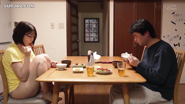 Mahiro Tadai in yellow shirt no panties eating dinner JAV thumbnail