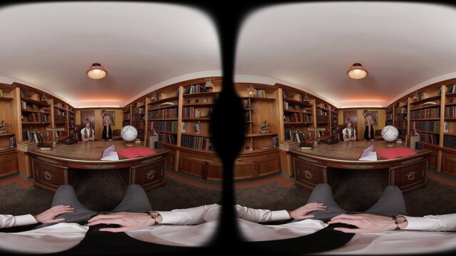 POV in luxurious library with suited men around desk globe