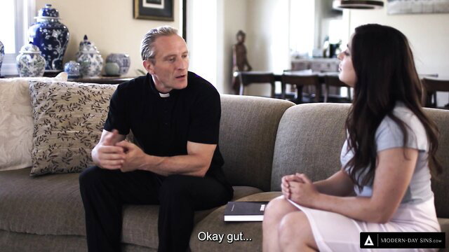 Big dick priest chats up naive teen girl on couch in taboo scene
