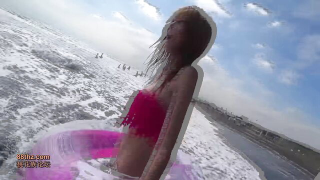 Haruka-chan on pink floatie at beach, wet bikini, POV summer fun