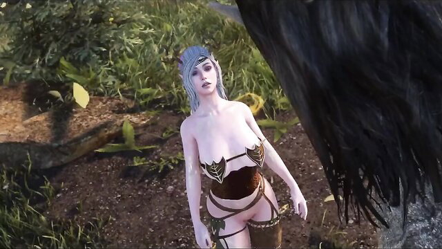 Nude elf girl with huge tits in leaf lingerie outdoors, Druidic Awakening