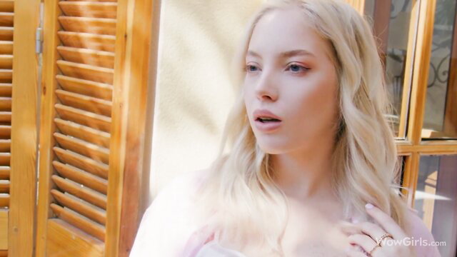 Emma White blonde beauty with open mouth in hot scene