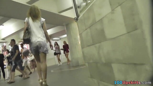 Adorable blonde in mini skirt public upskirt, hot ass view