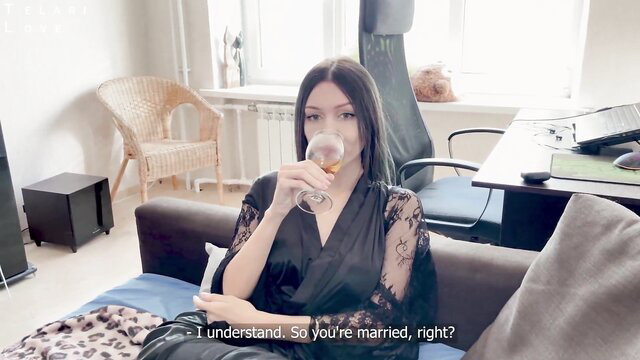 Telari Love in sexy black lace lingerie sips wine, married cheating tease