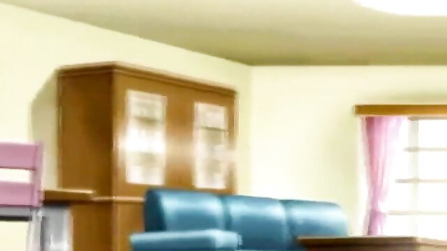 Blurry JAV bedroom scene with blue sofa and wardrobe