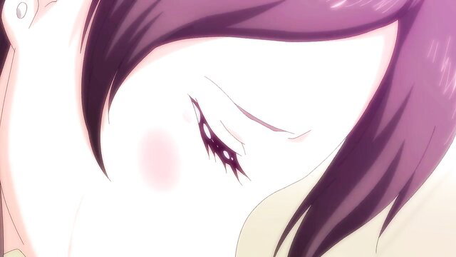 Anime big tits girl closeup seductive eyes blush purple hair