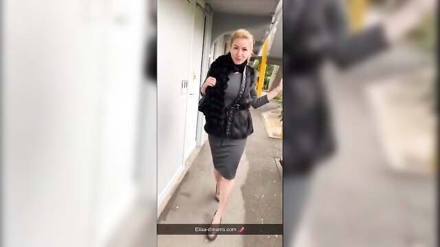 Blonde MILF in tight dress and fur flashing outdoors during sex challenge