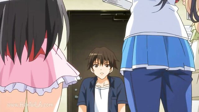 Anime JAV thumbnail: two tall schoolgirls in skirts surround short boy at door