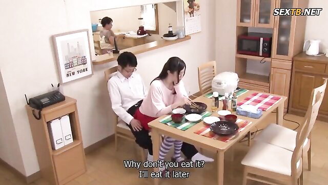 Japanese sister in stockings sits on brother's lap at table, JAV incest tease