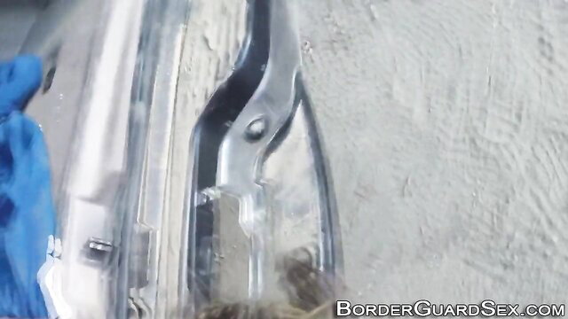 Latina teen sucking cock near car with border guard