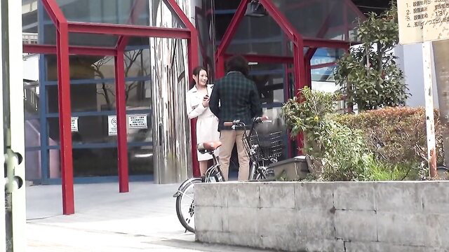 Asuka Aida in white dress chats with man by bike outdoor POV amateur
