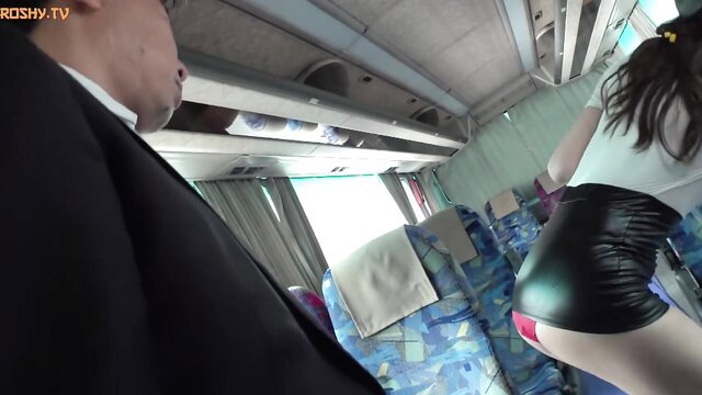 Asian bus guide in tight black hotpants bends over for POV in Service Bus Guide