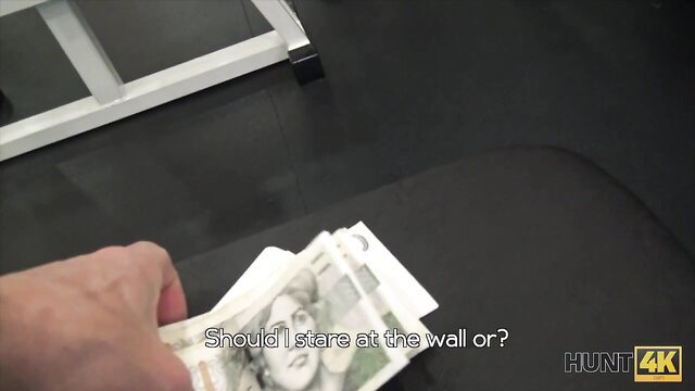 Cuckold holds cash staring at wall while GF fucked by stranger