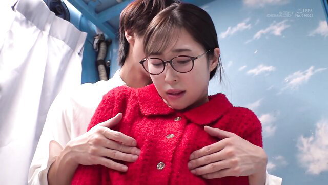 Asian wife in red coat groped by man in magic mirror massage