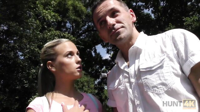 Hot blonde in pink top chats with man in park, Hunt4K pretext buy cunny