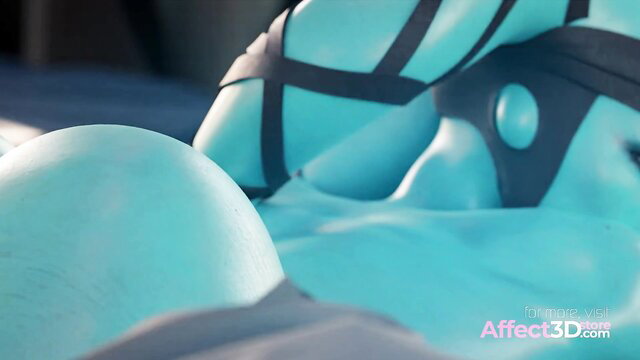 Cyan alien babe in black straps & harness, Star Wars 3D parody