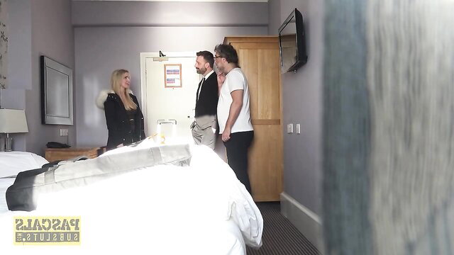 Georgie Lyall with two men in hotel room threesome preview