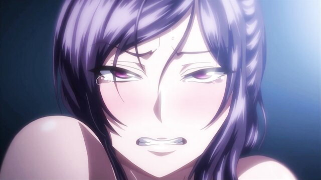 Purple-haired anime JAV girl with teary ahegao face, flushed cheeks, close-up ecstasy