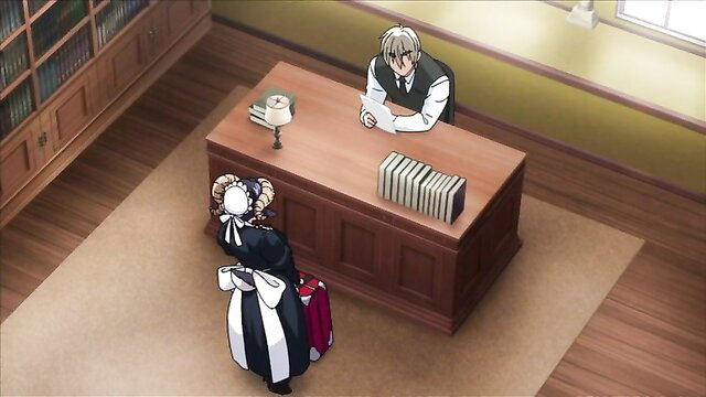 Anime maid with goat horns serves silver-haired man at desk in JAV scene