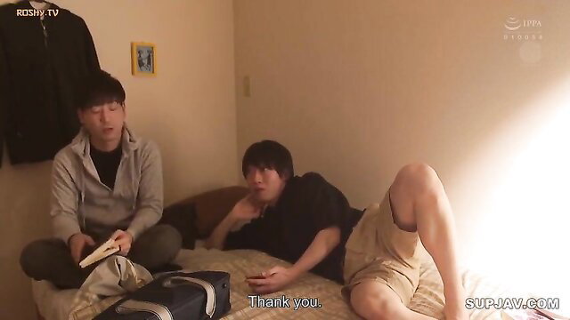 Maki Tomoda JAV bullying scene with two young Asian men on bed