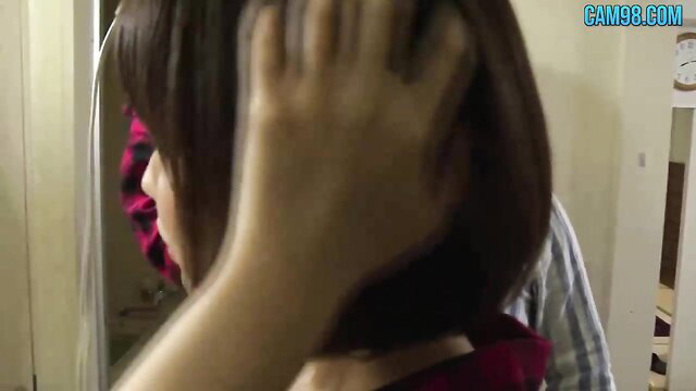 Japanese stepdad gropes busty daughter's hair and neck in JAV taboo scene