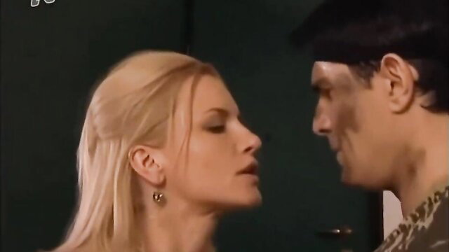 Hot blonde Greek damsel gagged close-up with intense man