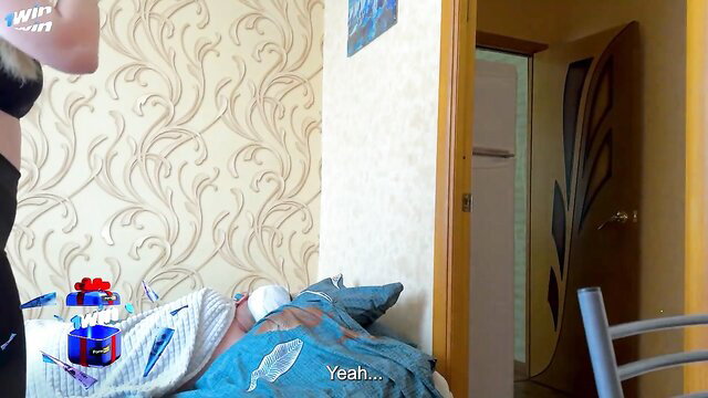 Hot stepmom in lingerie gives handjob to guy on bed in amateur creampie scene