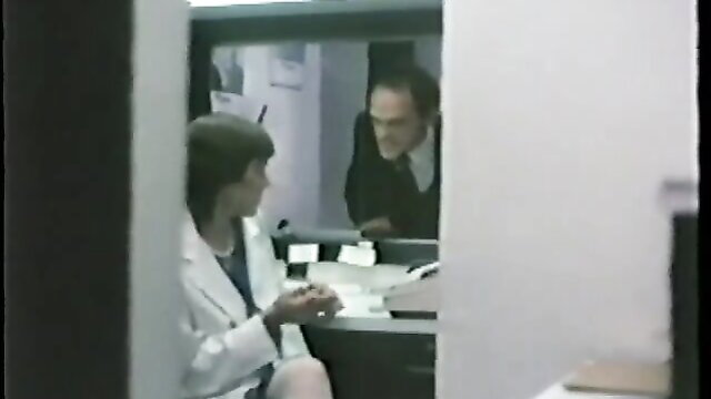 Retro 1981 doctor office scene with brunette nurse and suited man