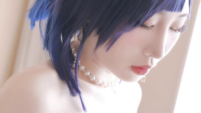 Yelan cosplay girl with blue hair, pearl necklace, seductive closeup gaze