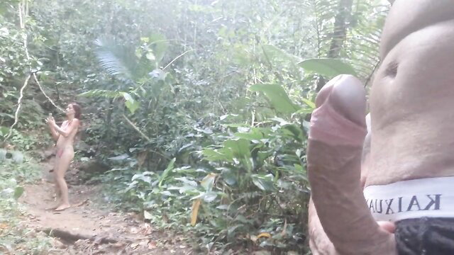 Nude hiker girl watches guy jerk off on jungle trail caught POV