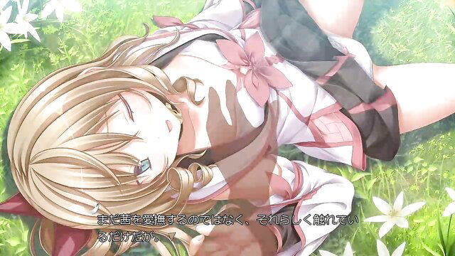 Blonde anime girl in pink dress lying on grass with flowers, Aoi & Aki ep 04