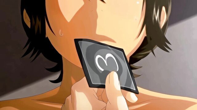 Asian JAV wife with short black hair holding card to mouth, nude tease