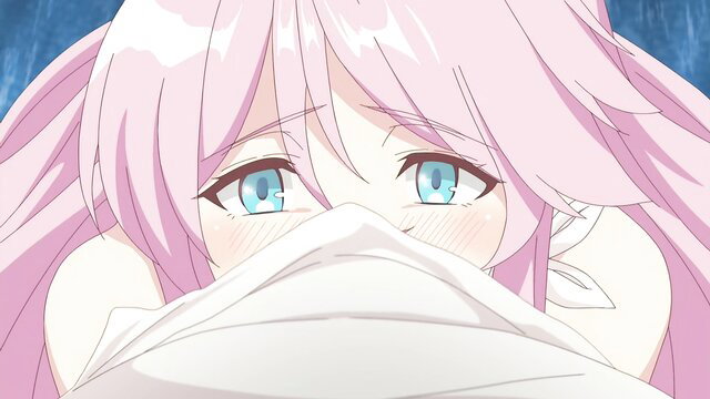 Blushing pink-haired anime girl peeking from sheets in Redo of Healer fanservice