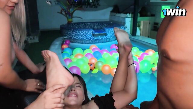Naty Delgado feet up in interracial BBC threesome with Karol Duque poolside