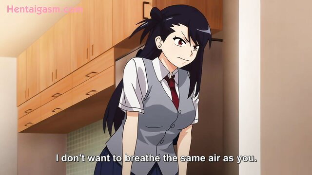 Tsundere Japanese step-sister in school uniform glares at you, hentai style