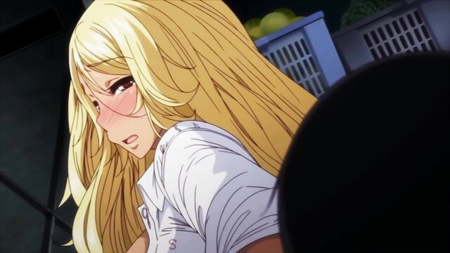 Blonde anime gal with flushed face in tight white shirt, seductive gaze