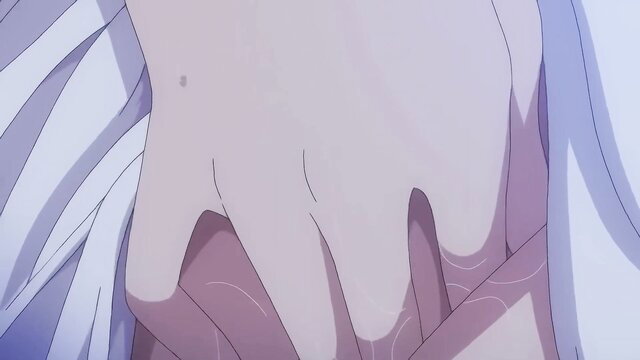 Anime closeup of pale-skinned woman's massive cleavage in white dress